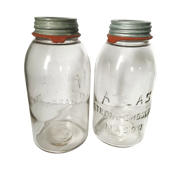 Vtg Antique Pair 1920s Atlas Strong Shoulder Mason Half Gallon Jar w Zinc Cover - Picture 4 of 6